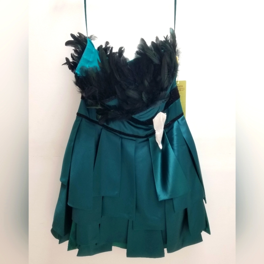NWT Strapless Mini Dress w Feathers from Chicas Size XL in Teal and Black